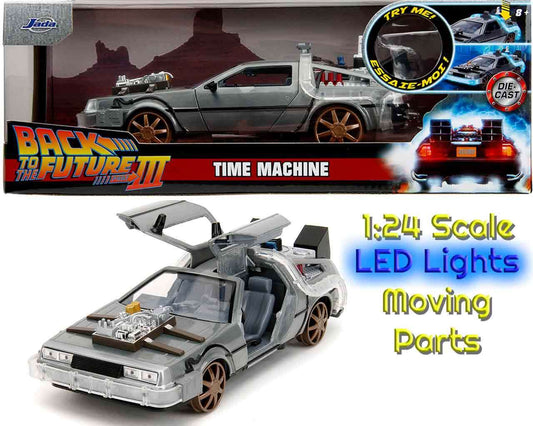 Back to the future part 3 - 1982 de lorean dmc 12 with railroad wheels - 1:24 die-cast model limited edition